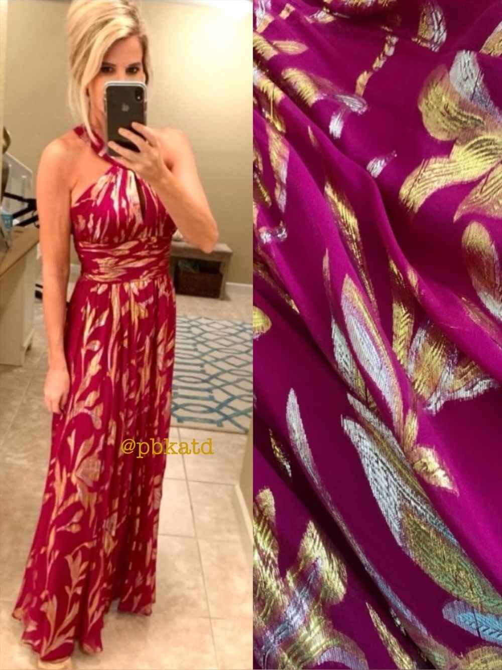 Aidan Mattox Metallic Burgundy Cranberry Silver Gold Leaf Maxi Dress